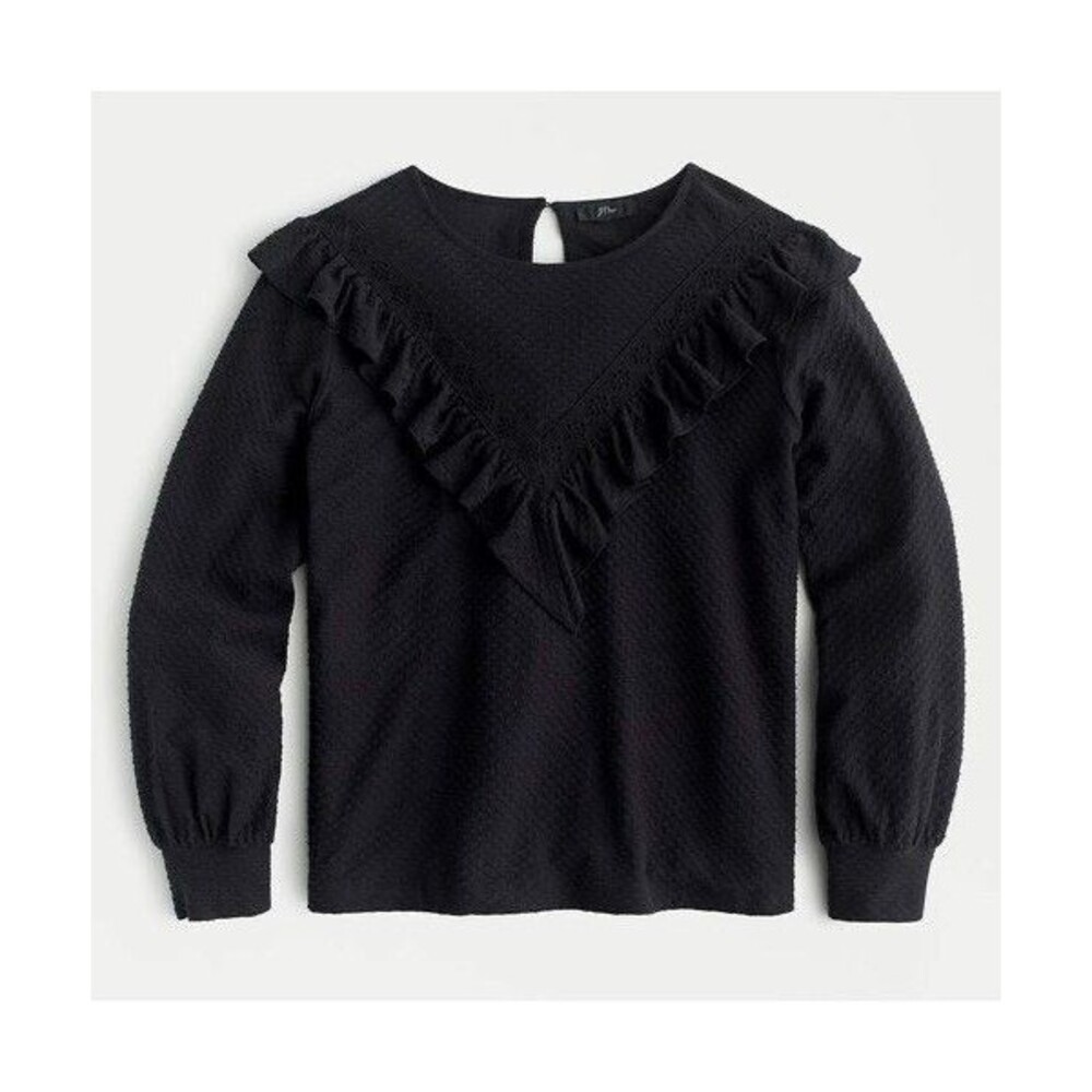 J.Crew Ruffle-Trim Honeycomb-Knit Cotton Black Top Size XL